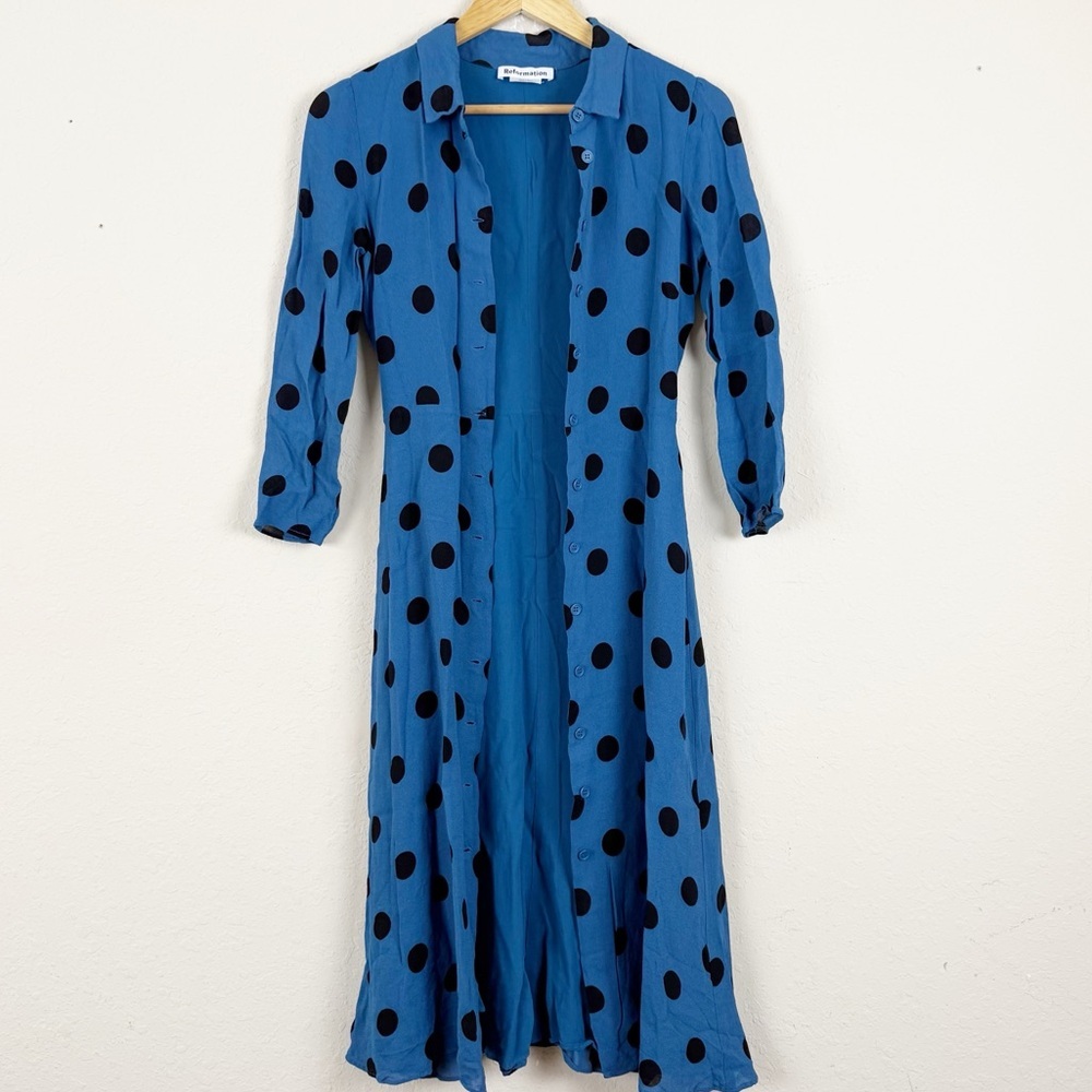 Reformation Blue Midi Shirt Dress with Black Polka Dots - Picture 2 of 6